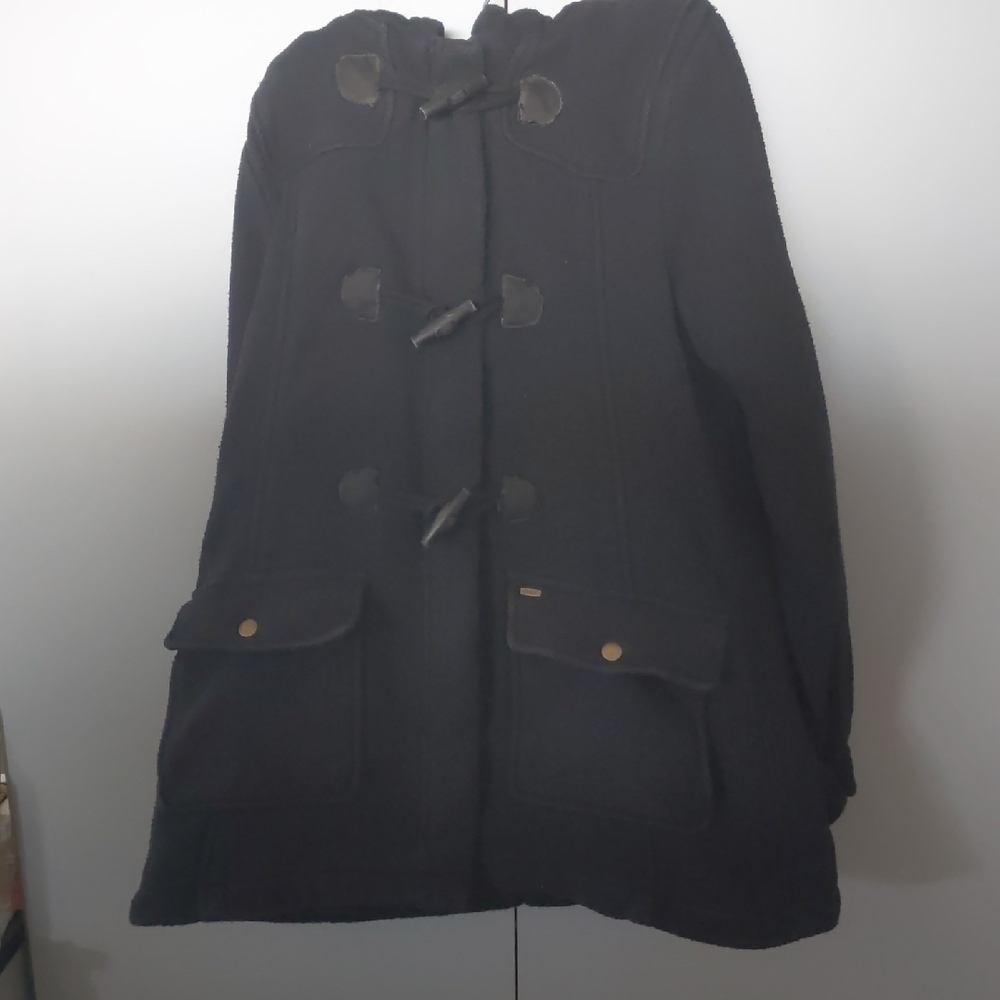 Warm Dark Blue Hooded Toggle Pea Coat with Hand Warmer Pockets
